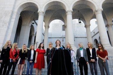 Lauren O’Connor speaks with “The Silence Breakers”, a group of women who spoke out about Harvey Weinstein’s sexual misconduct during a news conference outside Los Angeles City Hall in Los Angeles