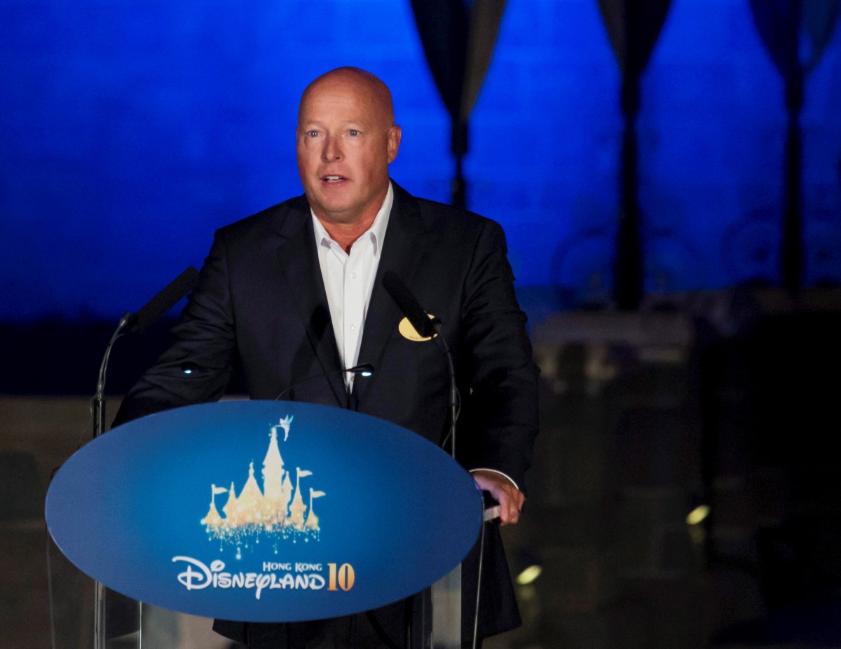 FILE PHOTO: Bob Chapek, chairman of Walt Disney Parks and Resorts, speaks during the 10th anniversary ceremony of Hong Kong Disneyland in Hong Kong, China