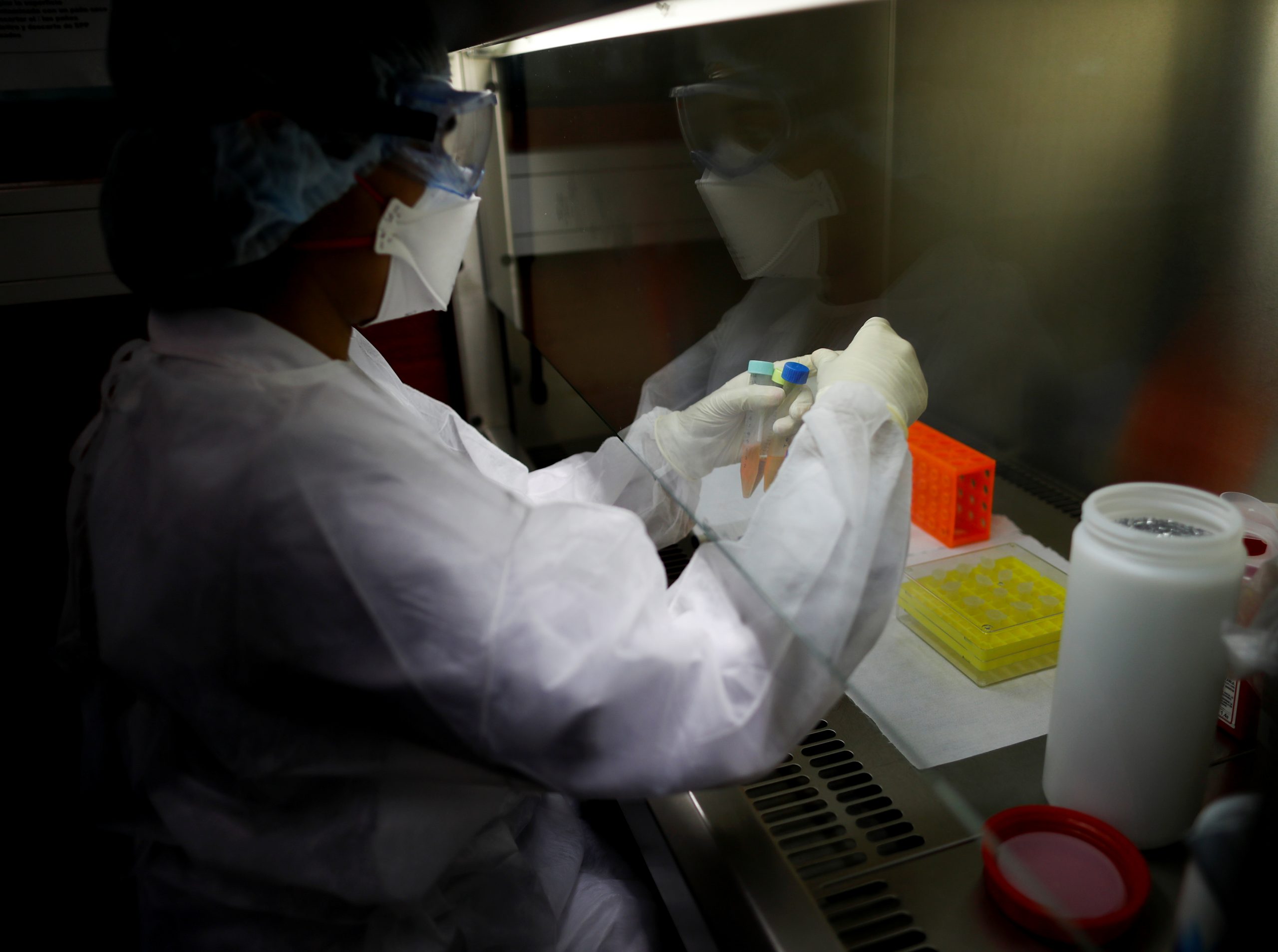 A laboratory technician works with samples during a coronavirus analysis simulation at the Malbran institute in Buenos Aires