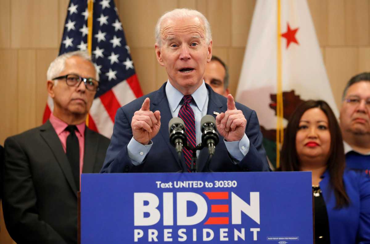 Democratic U.S. presidential candidate and former Vice President Joe Biden speaks during a campaign stop in Los Angeles