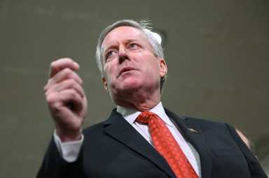 Sen. Meadows addresses reporters  during a break in the fourth day of the Senate impeachment trial of President Trump