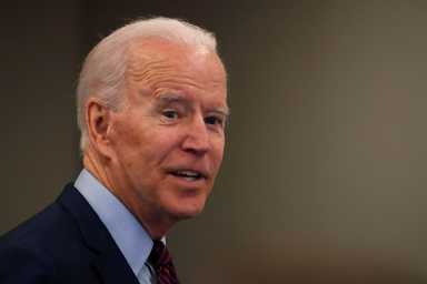 Democratic U.S. presidential candidate and former Vice President Joe Biden reacts during a campaign stop in Los Angeles