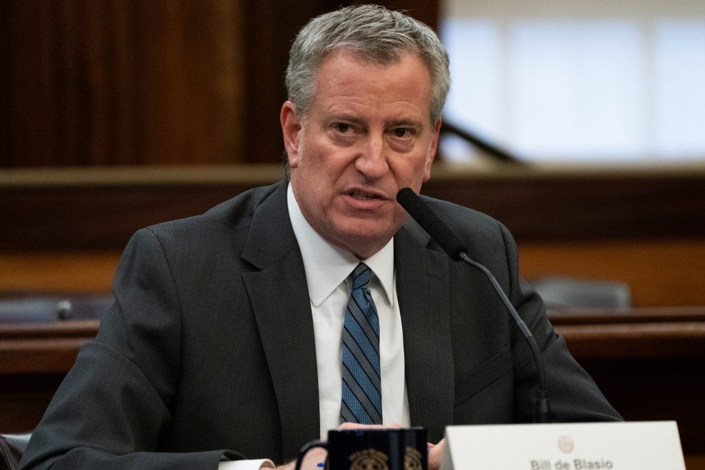 New York City Mayor Bill de Blasio speaks during a news conference for the outbreak of Coronavirus disease (COVID-19) at City Hall in the Manhattan borough of New York