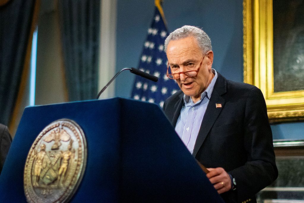 U.S. Senate Minority Leader Schumer, (D-NY) speaks during a news briefing of the COVID-19 at the City Hall in the Manhattan borough of New York City, New York