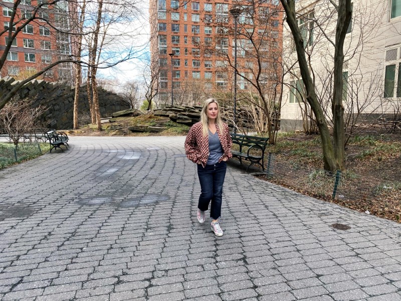 Melissa Hobley, chief marketing officer of dating app OkCupid, walks in a park in downtown Manhattan in New York City