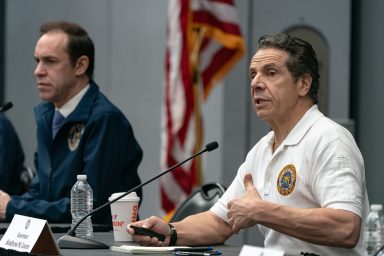 New York Governor Andrew Cuomo speaks during a news conference at the Javits Center in New York