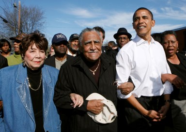 FILE PHOTO: US presidential candidate Senator Obama walks with Reverend Lowery and others during a march in Selma