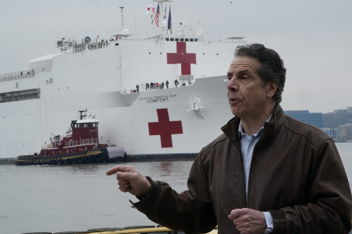 New York governor Andrew Cuomo speaks as the USNS Comfort pulls into a berth in Manhattan during the outbreak of coronavirus disease (COVID-19), in the Manhattan borough of New York City