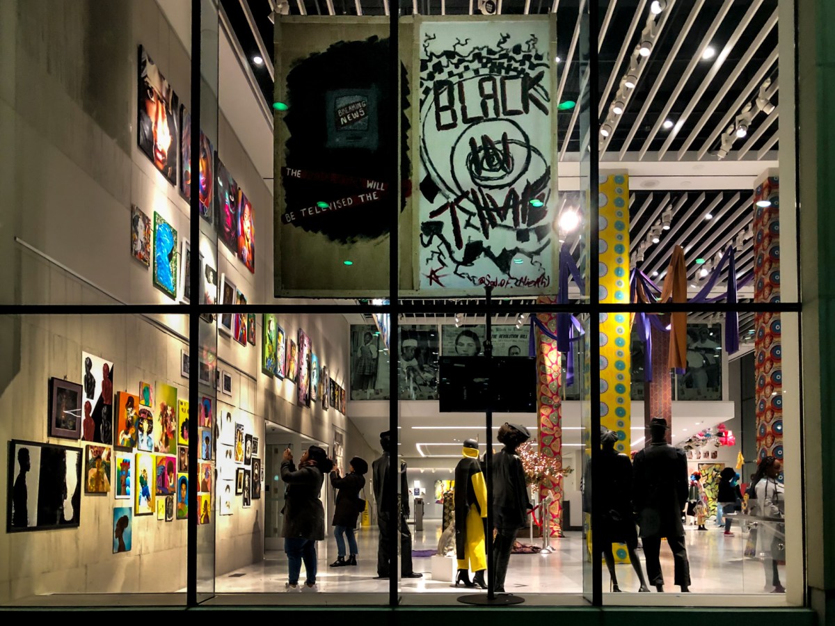 Black in Time. The windowed  FIT lobby/gallery looking in from W. 27th St.