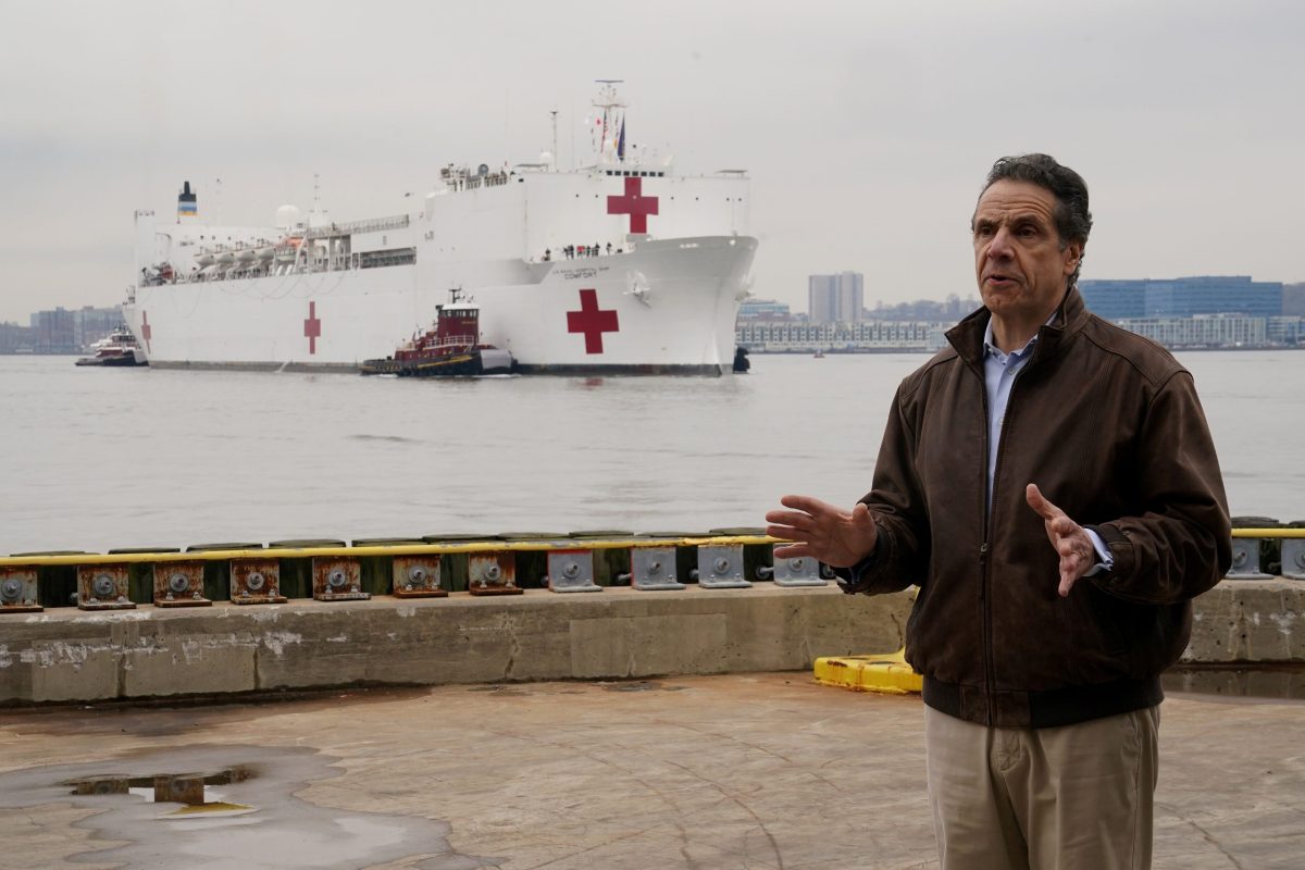 New York governor Andrew Cuomo speaks as the USNS Comfort pulls into a berth in Manhattan during the outbreak of Coronavirus disease (COVID-19), in the Manhattan borough of New York City