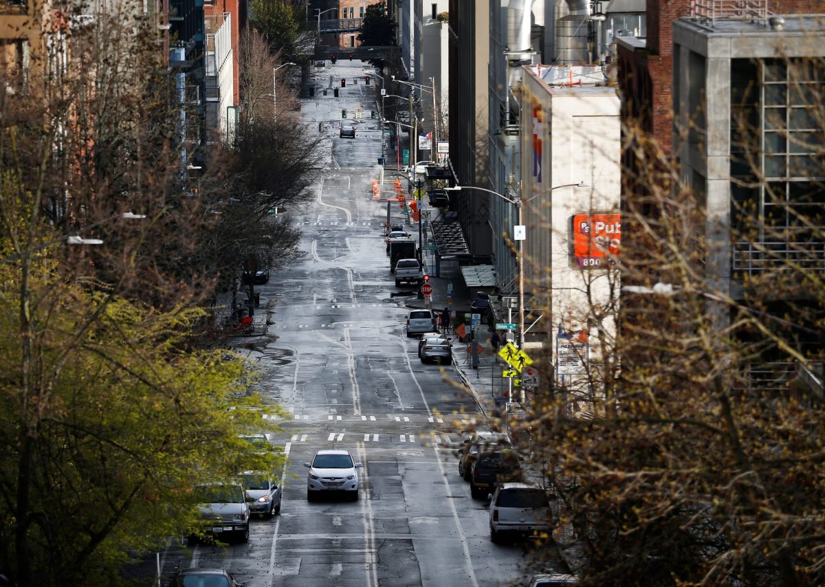 A mostly empty Western Avenue near Pike Place Market during the coronavirus disease (COVID-19) outbreak in Seattle