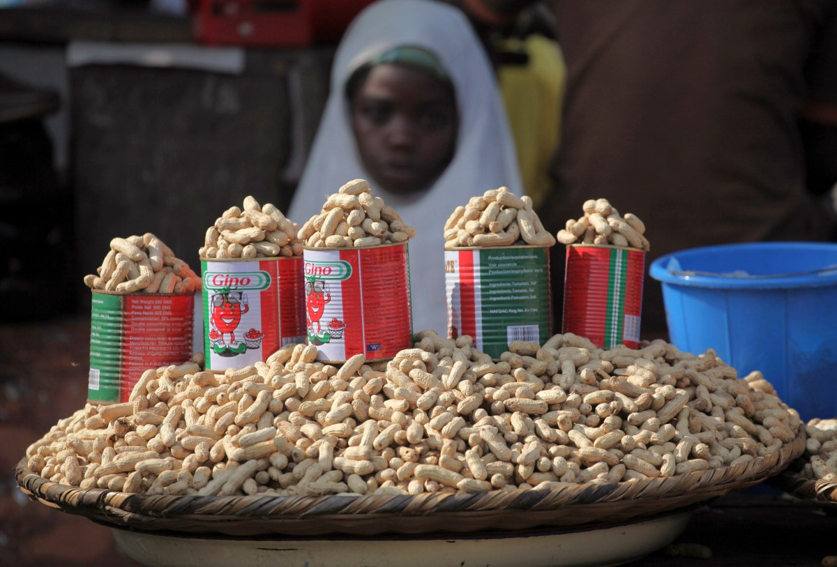 Groundnuts are displayed for sale at a roadside stall in Nigeria’s commercial capital Lagos