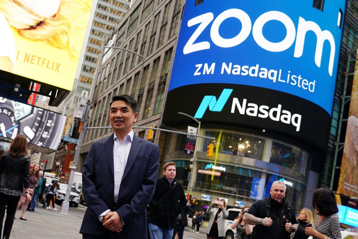 Eric Yuan, CEO of Zoom Video Communications poses for a photo after he took part in a bell ringing ceremony at the NASDAQ MarketSite in New York