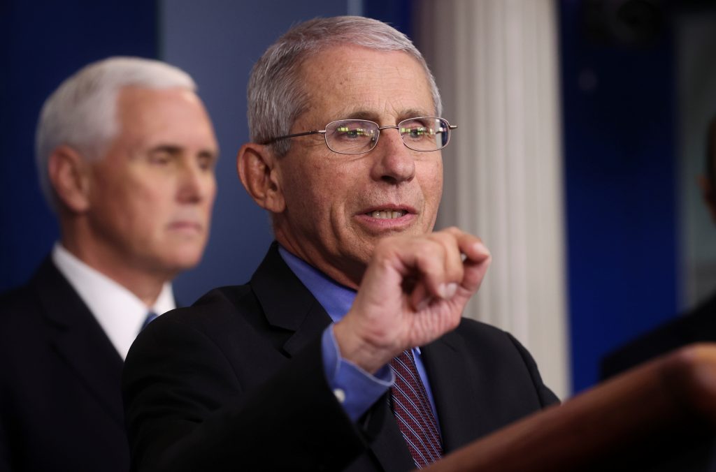 Dr. Anthony Fauci addresses the daily coronavirus response briefing at the White House in Washington