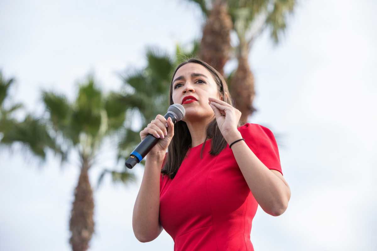 U.S. Senator Bernie Sanders and Representative Alexandria Ocasio-Cortez during a campaign rally at Venice Beach in Los Angeles, California.