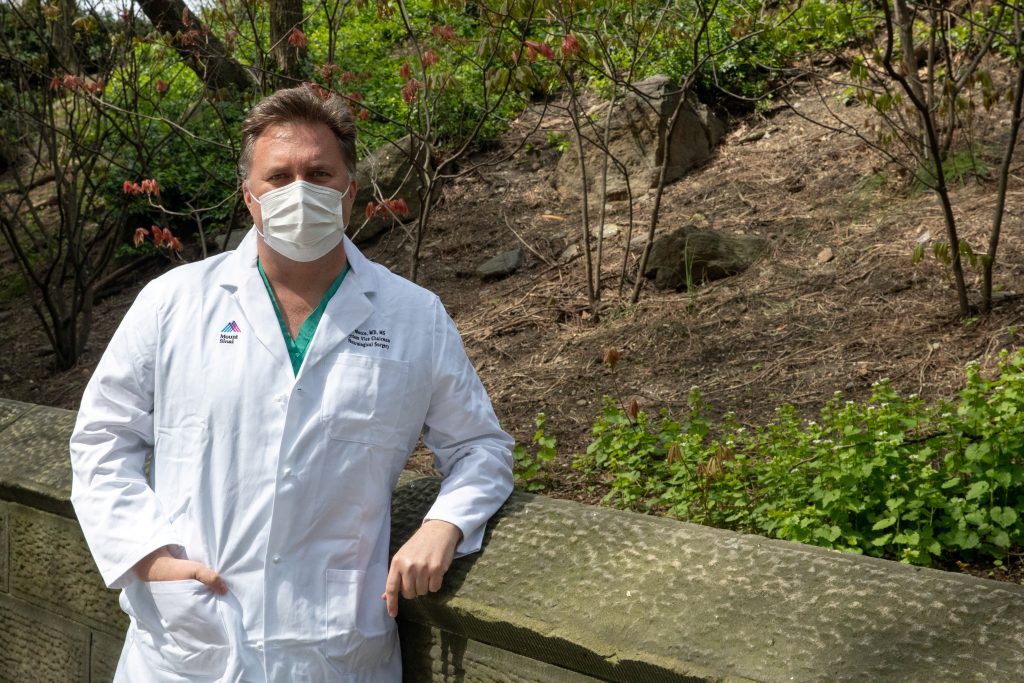 J Mocco, MD, Director of Mount Sinai’s Cerebrovascular Center, poses outside Mount Sinai Hospital in Manhattan, New York