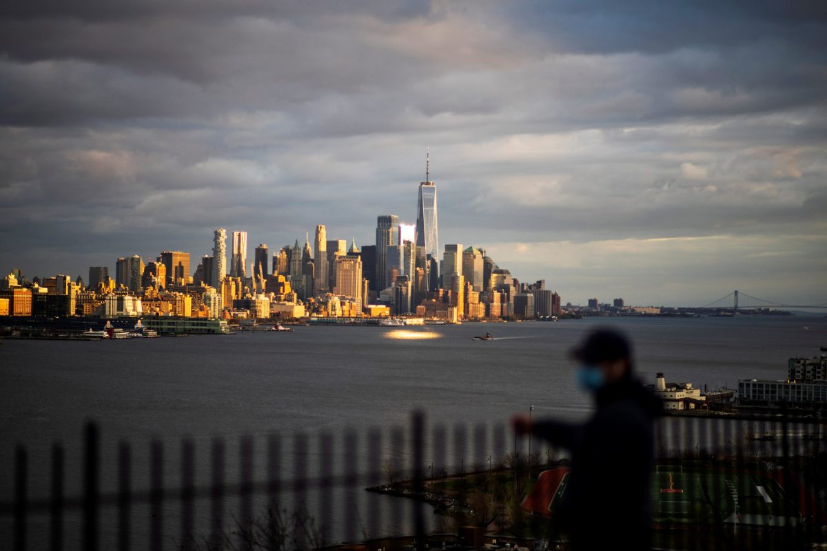 A view of the New York City skyline of Manhattan and the One World Trade Center during the outbreak of the coronavirus disease (COVID-19) in New York City, as seen from Weehawken