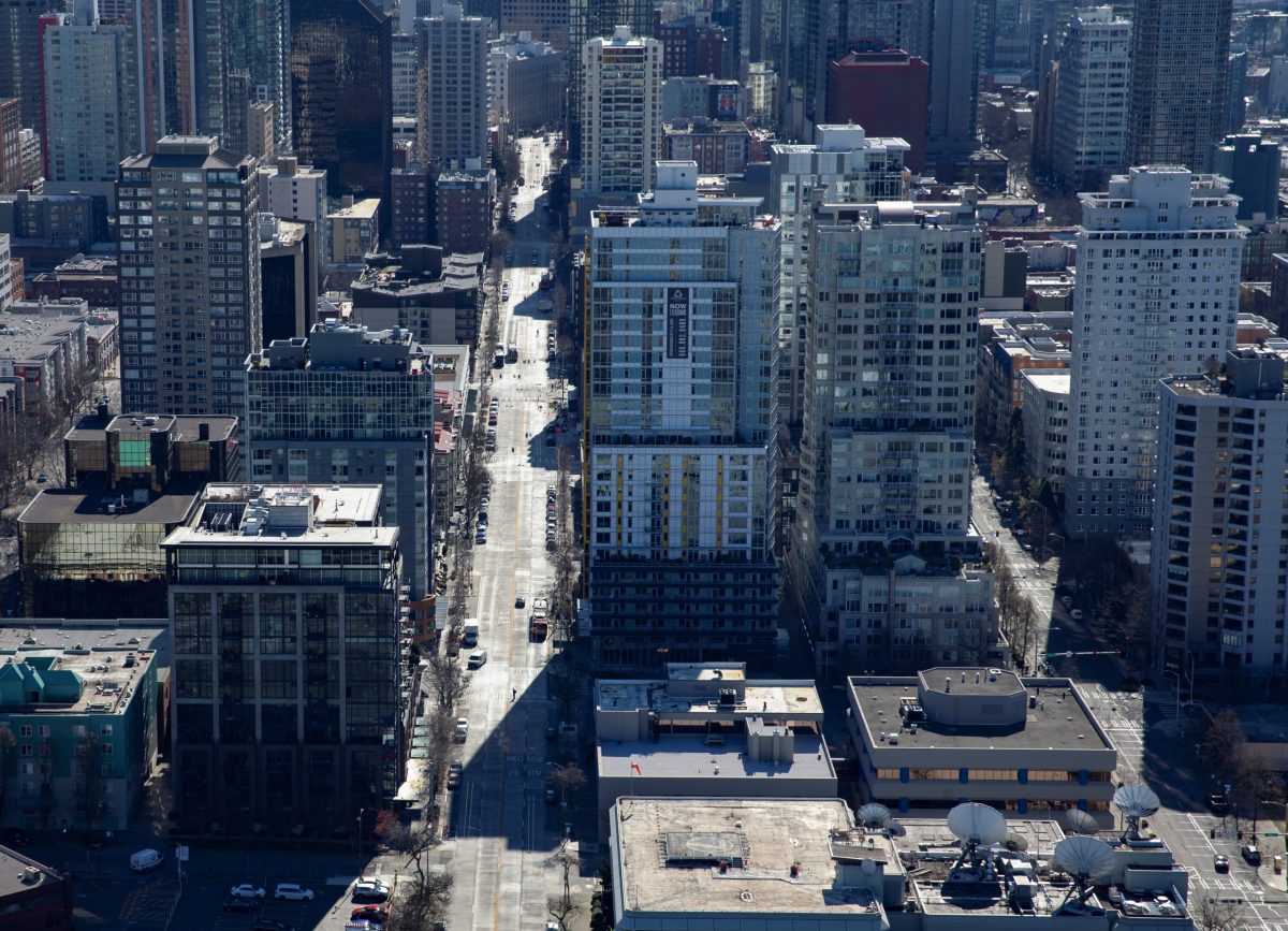 Downtown streets of Seattle shown during the outbreak of coronavirus disease (COVID-19), in this aerial photo over Seattle