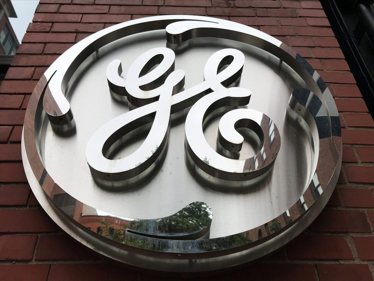 The General Electric Co. logo is seen on the company’s corporate headquarters building in Boston