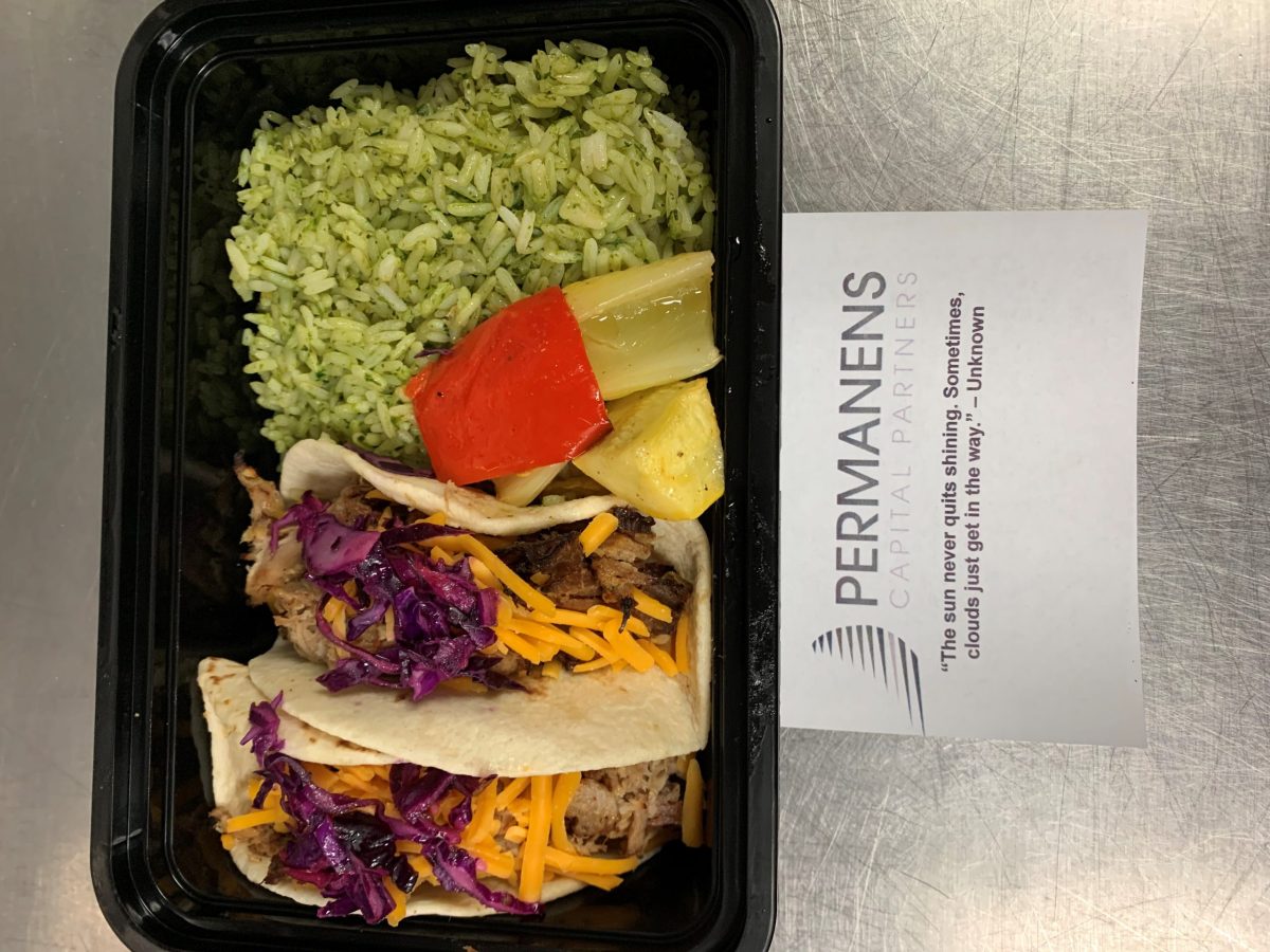 Permanens Carnitas Pulled Pork Taco with Pepper Jack and Cabbage served with Cilantro Rice and Roasted Vegetables[1]