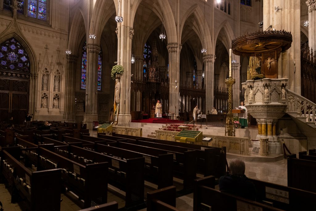 Cardinal Timothy Dolan celebrates the Easter Mass at St. Patrick’s Cathedral during the outbreak of the coronavirus disease (COVID-19) in the Manhattan borough of New York City