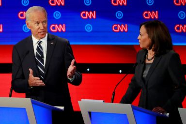 FILE PHOTO: Candidates former Vice President Joe Biden and U.S. Senator Kamala Harris on the second night of the second 2020 Democratic U.S. presidential debate in Detroit