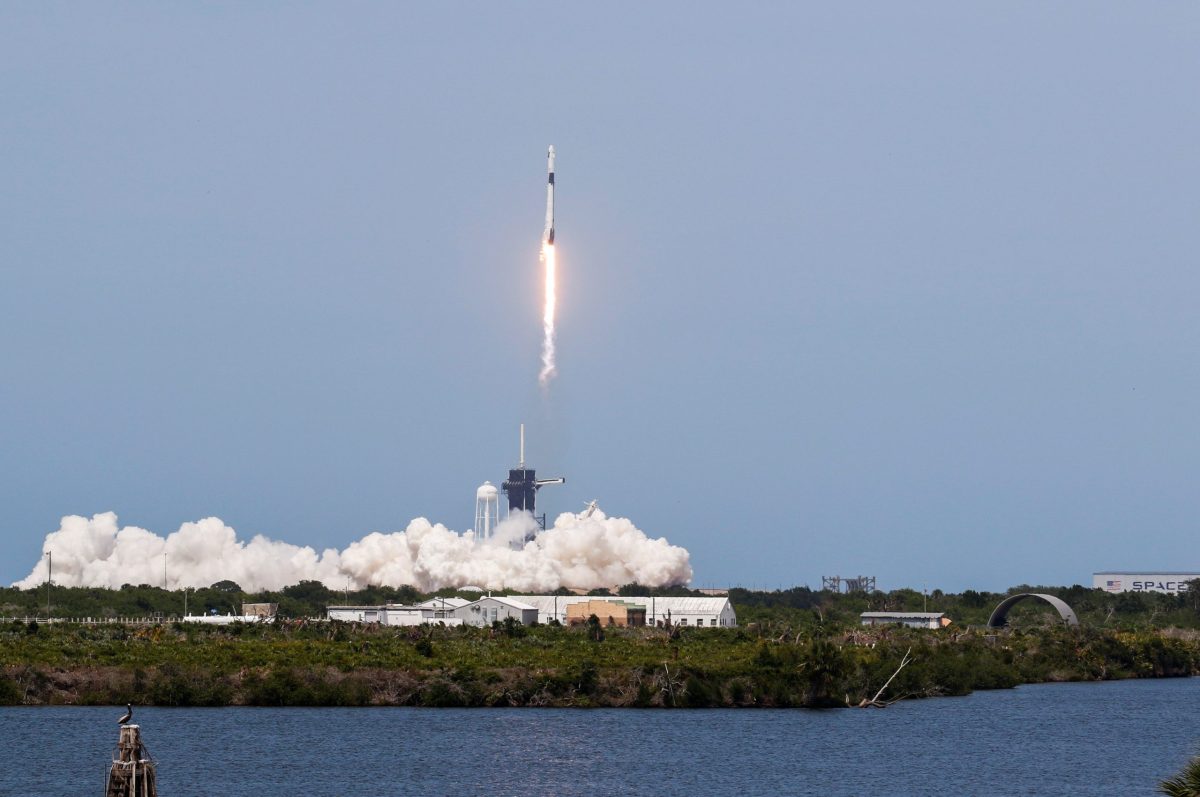 A SpaceX Falcon 9 rocket and Crew Dragon spacecraft carrying NASA astronauts Douglas Hurley and Robert Behnken lifts off during NASA’s SpaceX Demo-2 mission to the International Space Station from NASA’s Kennedy Space Center in Cape Canaveral