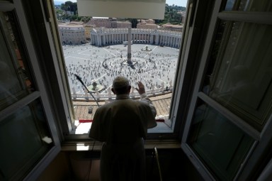 Pope Francis leads the Regina Coeli prayer at the Vatican