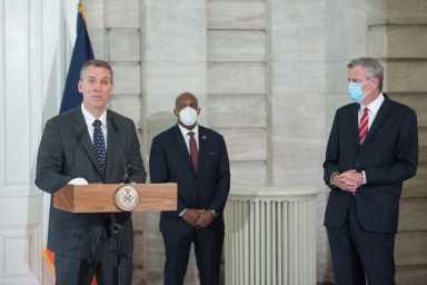Mayor Bill de Blasio holds a media availability