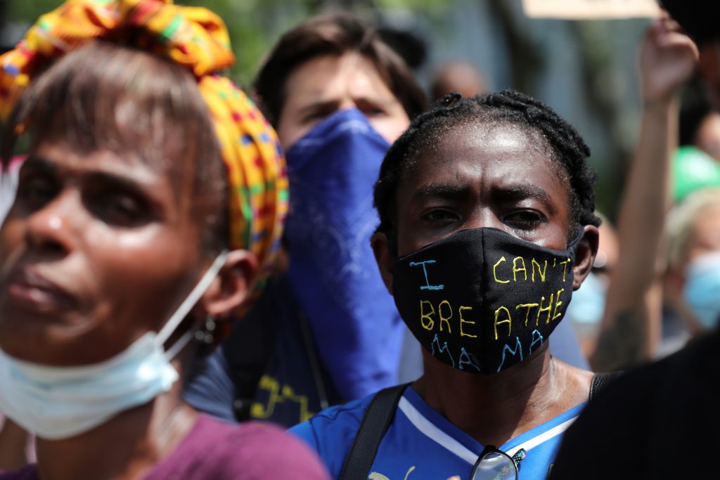 People attend public memorial after the death in Minneapolis police custody of George Floyd in Brooklyn New York