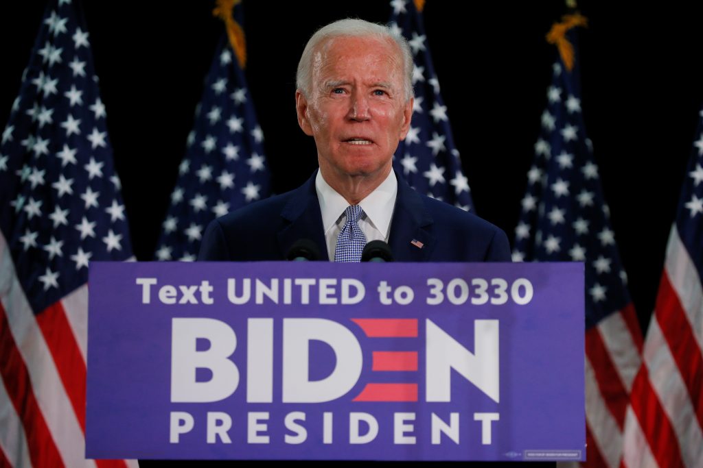 U.S. Democratic presidential candidate Joe Biden speaks during a campaign event in Dover