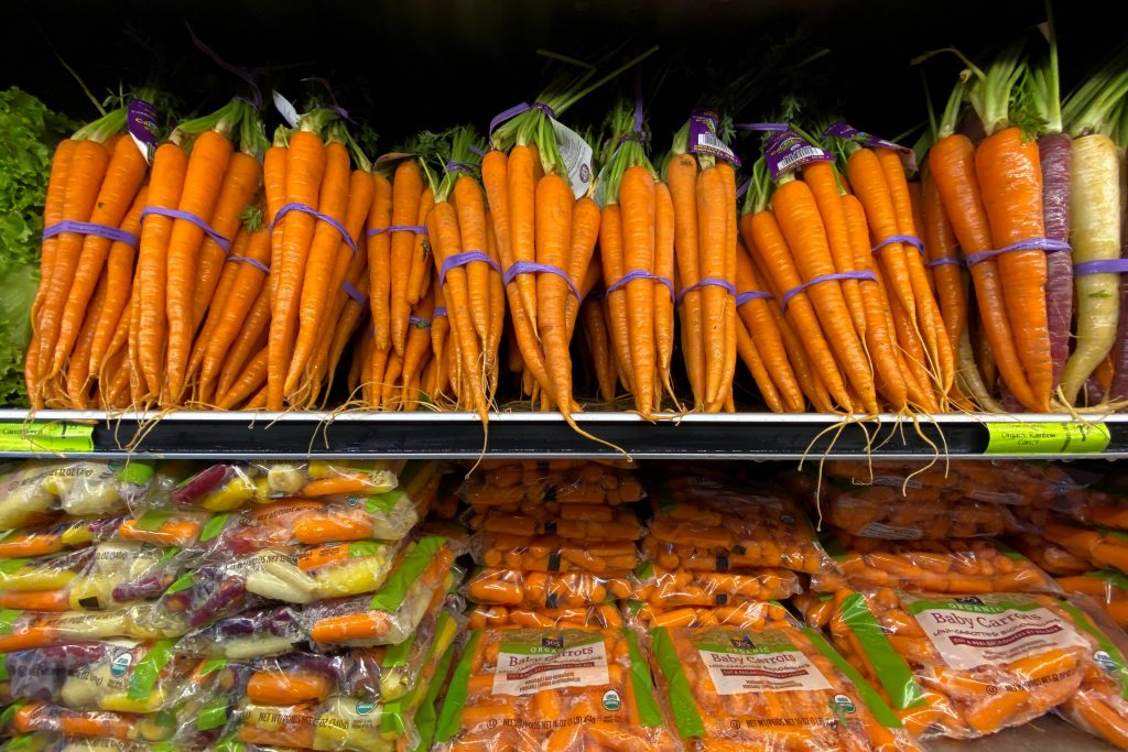 Fresh carrots are shown for sale at a grocery store in Del Mar, California