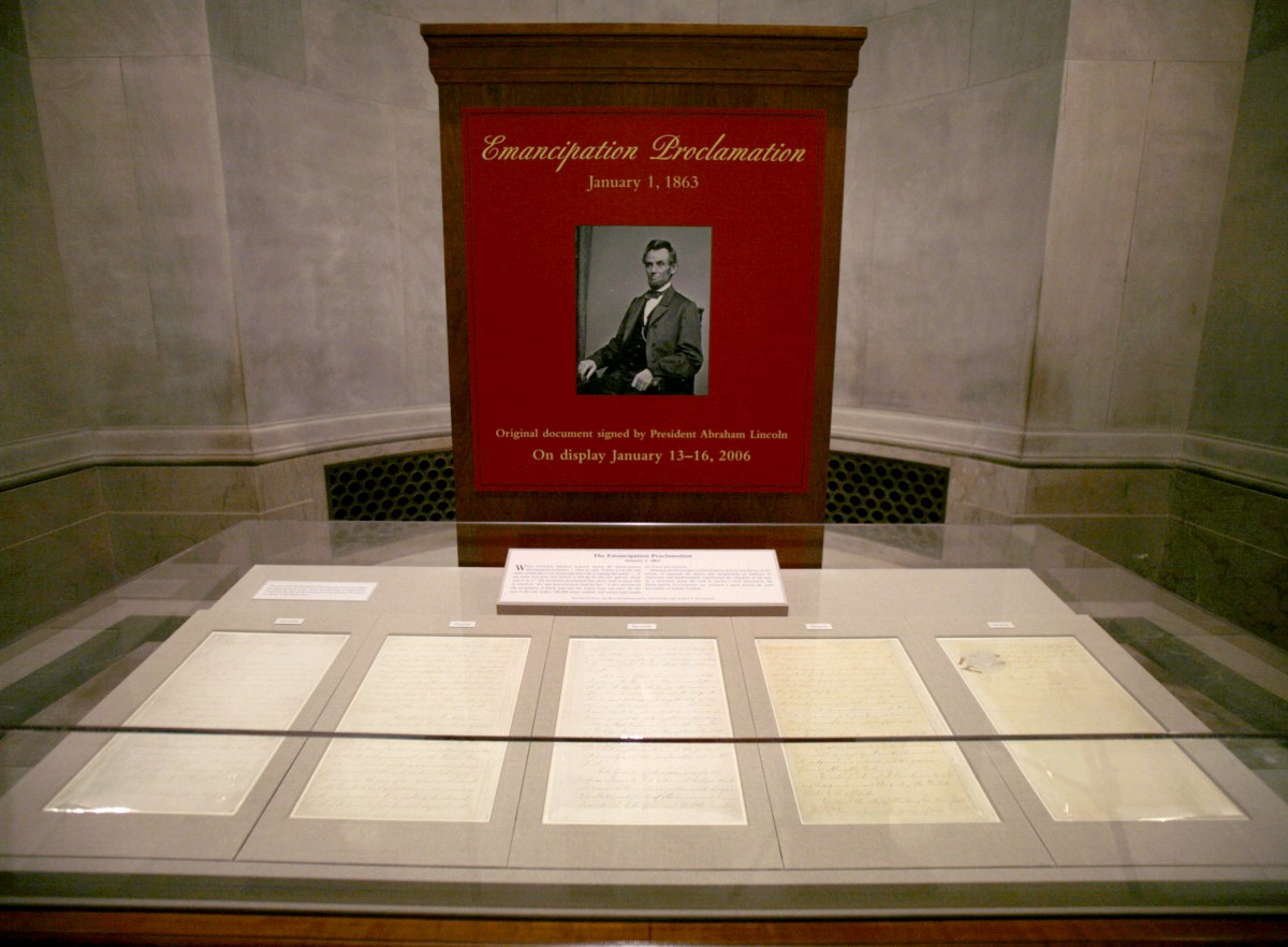 FILE PHOTO: The Emancipation Proclamation is displayed at the National Archives building in Washington