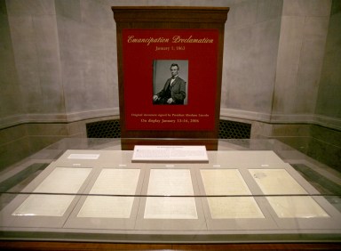 FILE PHOTO: The Emancipation Proclamation is displayed at the National Archives building in Washington