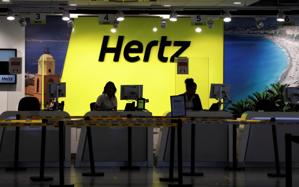 The desk of car rental company Hertz is seen at Nice International airport