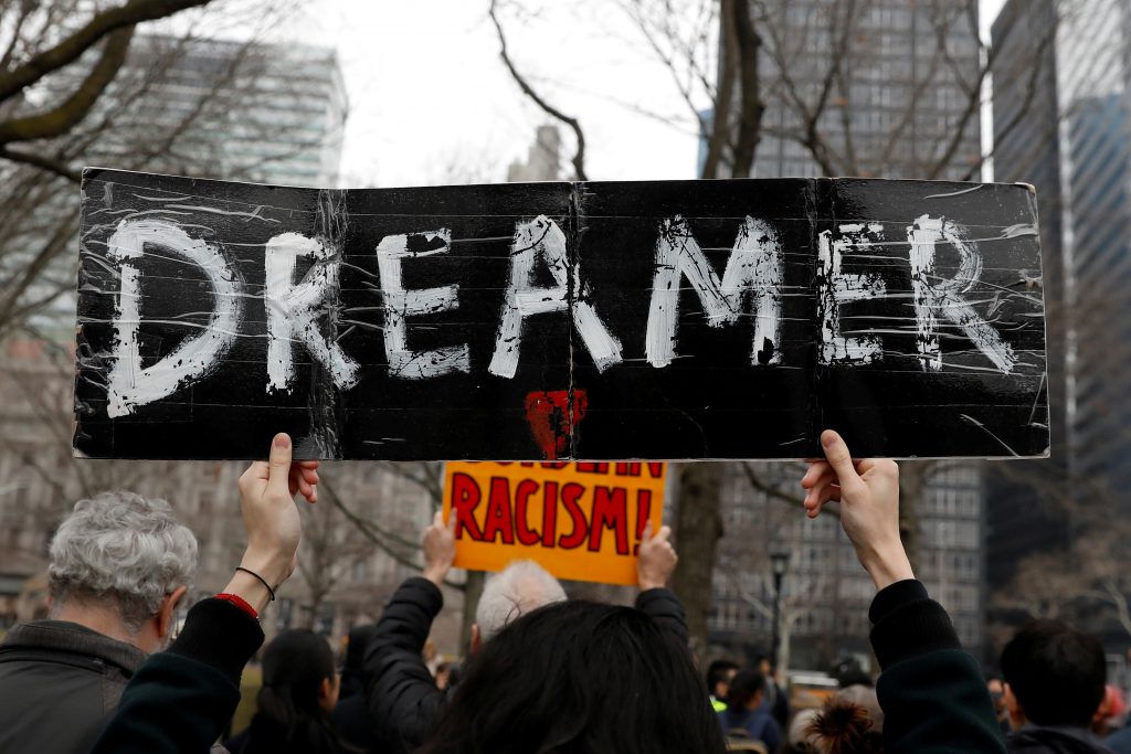 Activists and DACA recipients march up Broadway during the start of their ‘Walk to Stay Home,’ a five-day 250-mile walk from New York to Washington D.C., to demand that Congress pass a Clean Dream Act, in Manhattan, New York