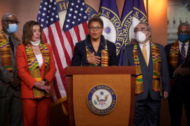 Congressional Black Caucus Chairwoman Representative Bass, flanked by House Speaker Pelosi, addresses reporters during a news conference to unveil police reform and racial injustice legislation at the U.S. Capitol in Washington