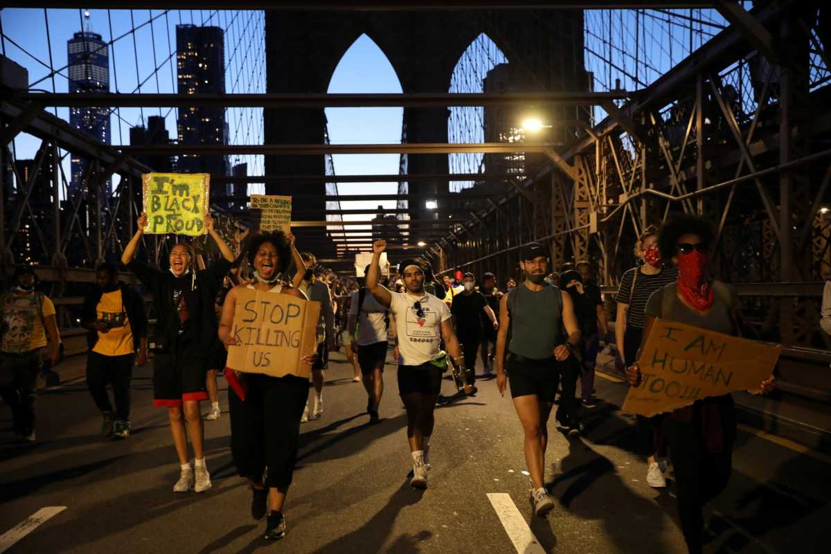 People rally against the death in Minneapolis police custody of George Floyd, in New York