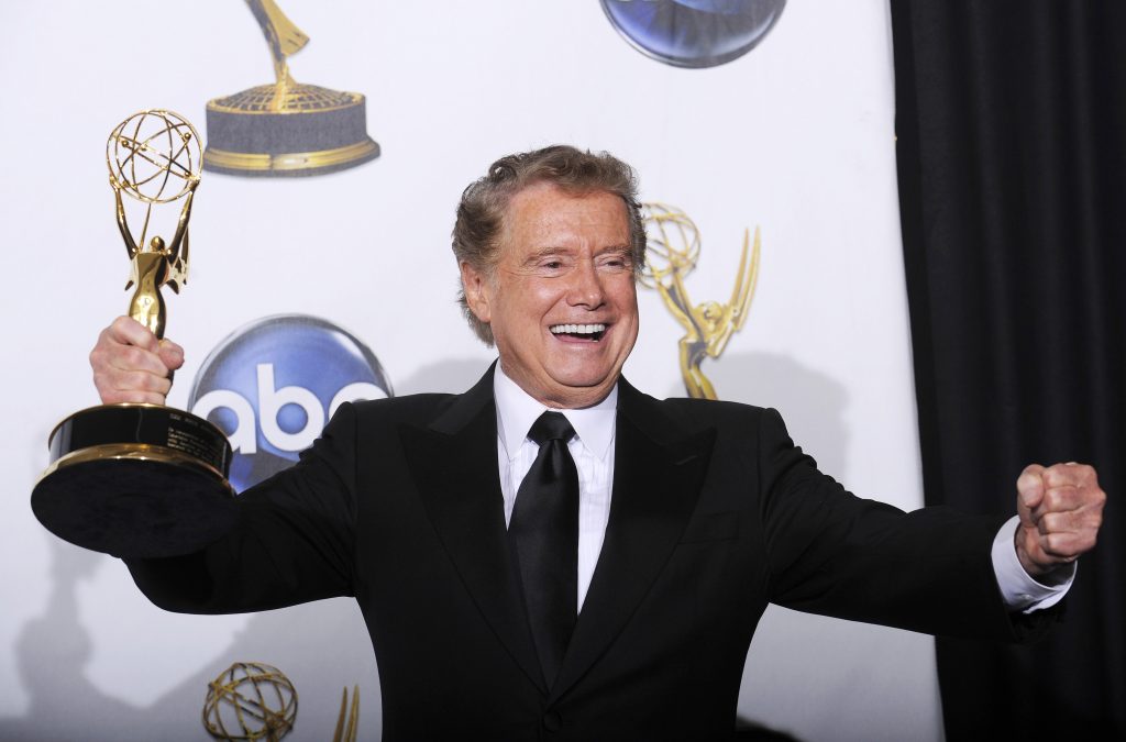 Regis Philbin poses with his lifetime achievement award backstage at the 35th Annual Daytime Emmy Awards at the Kodak theatre in Hollywood, California