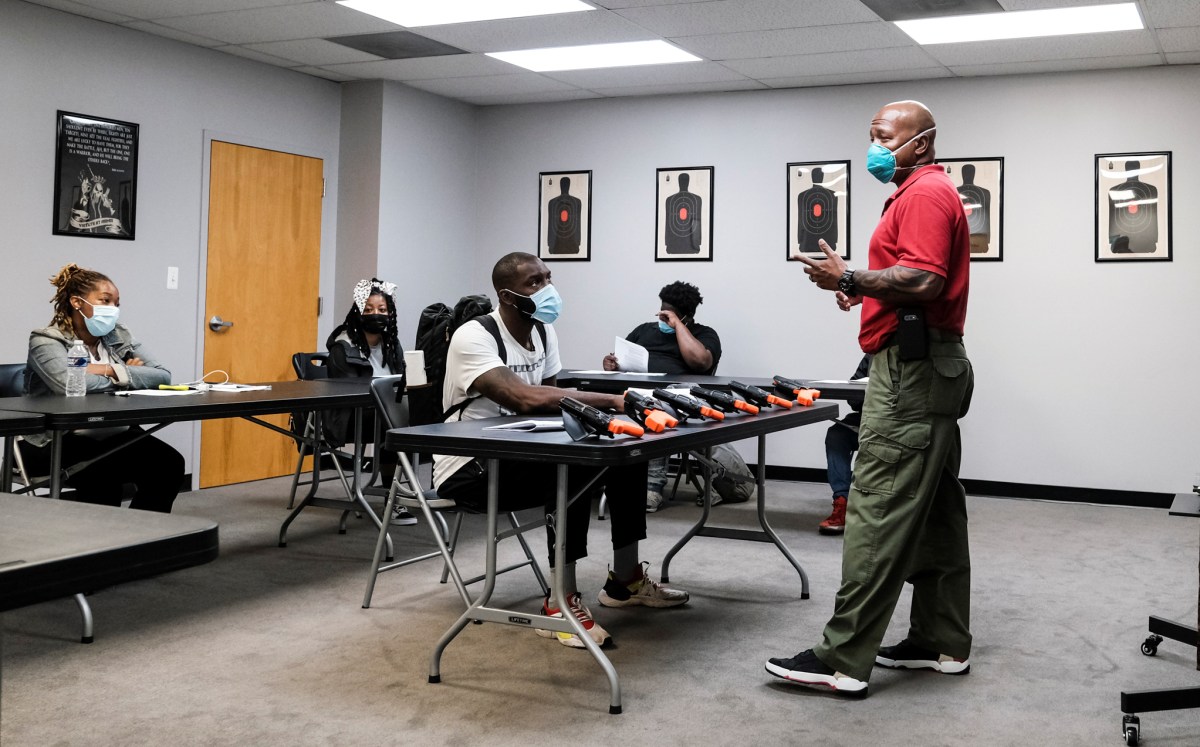 Former police Corporal Michael Brown holds a training session on the use of force with special police recruits in Maryland