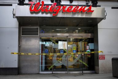 FILE PHOTO: A shuttered Walgreens pharmacy is seen during the coronavirus outbreak in Times Square in Manhattan in New York