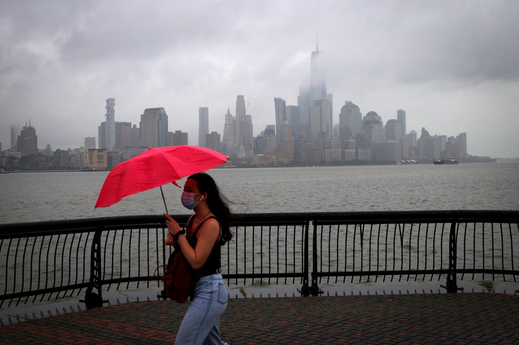 Tropical Storm Fay sweeps across the heavily populated northeastern United States and New York City as seen from Hoboken