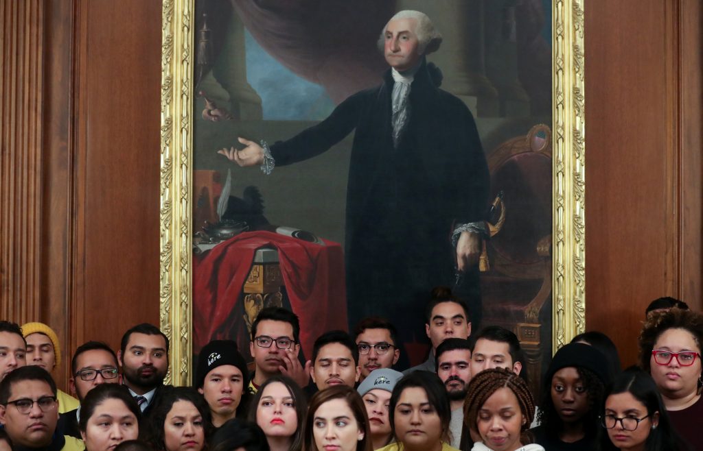 DACA recipients take part in a news conference with Democratic congressional leaders at the U.S. Capitol in Washington