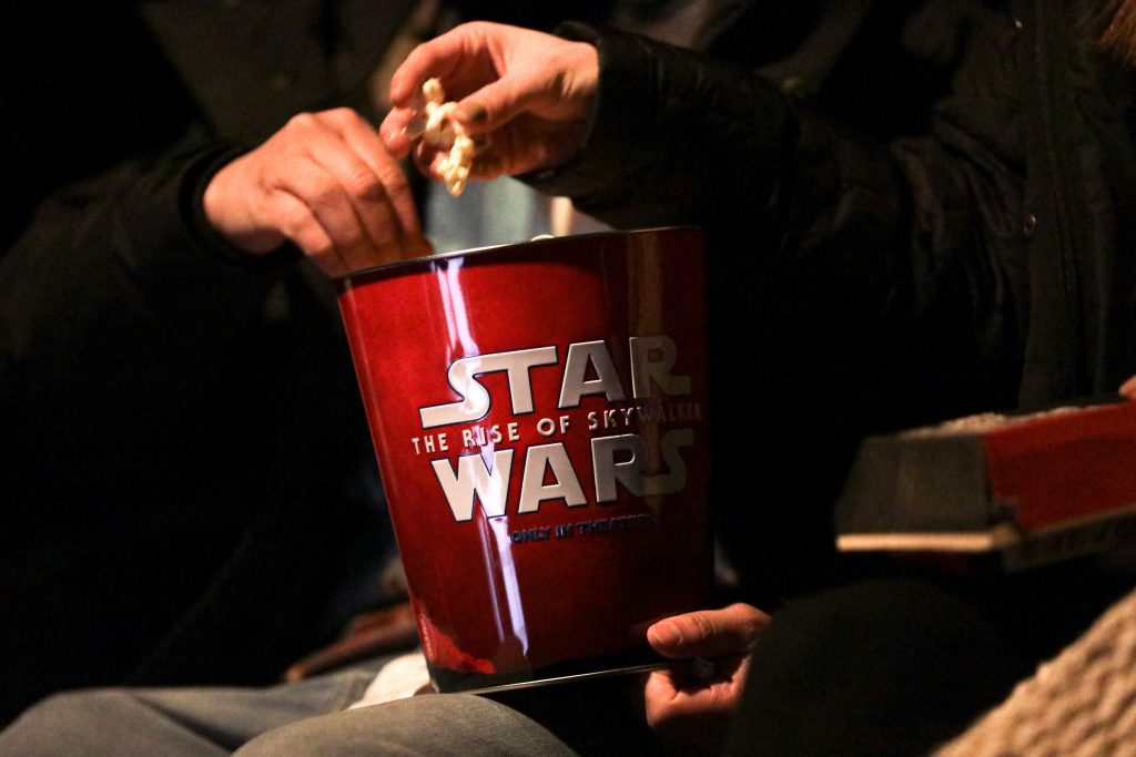 A Star Wars popcorn box is seen during the “Star Wars: The Rise of Skywalker” movie opening night fan event in New York City