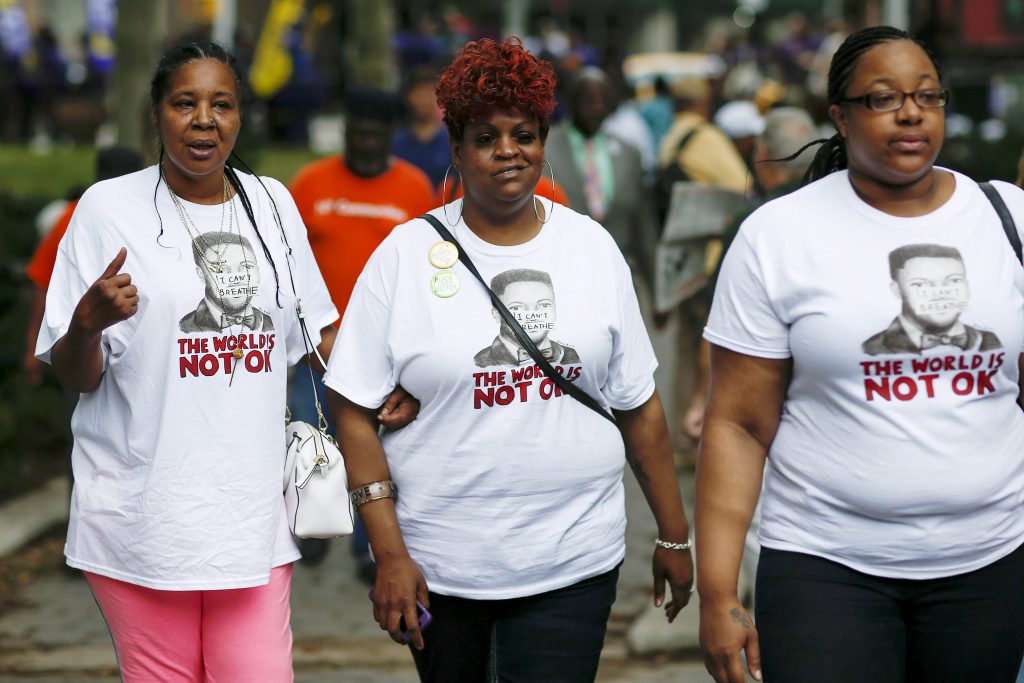 FILE PHOTO: Esaw Garner, (L) widow of Eric Garner, and Emerald Snipes Garner (R), daughter of Eric Garner arrive to attend a rally near the Brooklyn court in New York