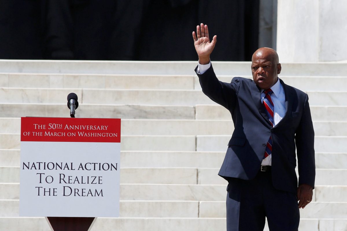 FILE PHOTO:  U.S. Rep. John Lewis speaks at the 50th anniversary ceremony of the 1963 March ceremony at the Lincoln Memorial on Washington