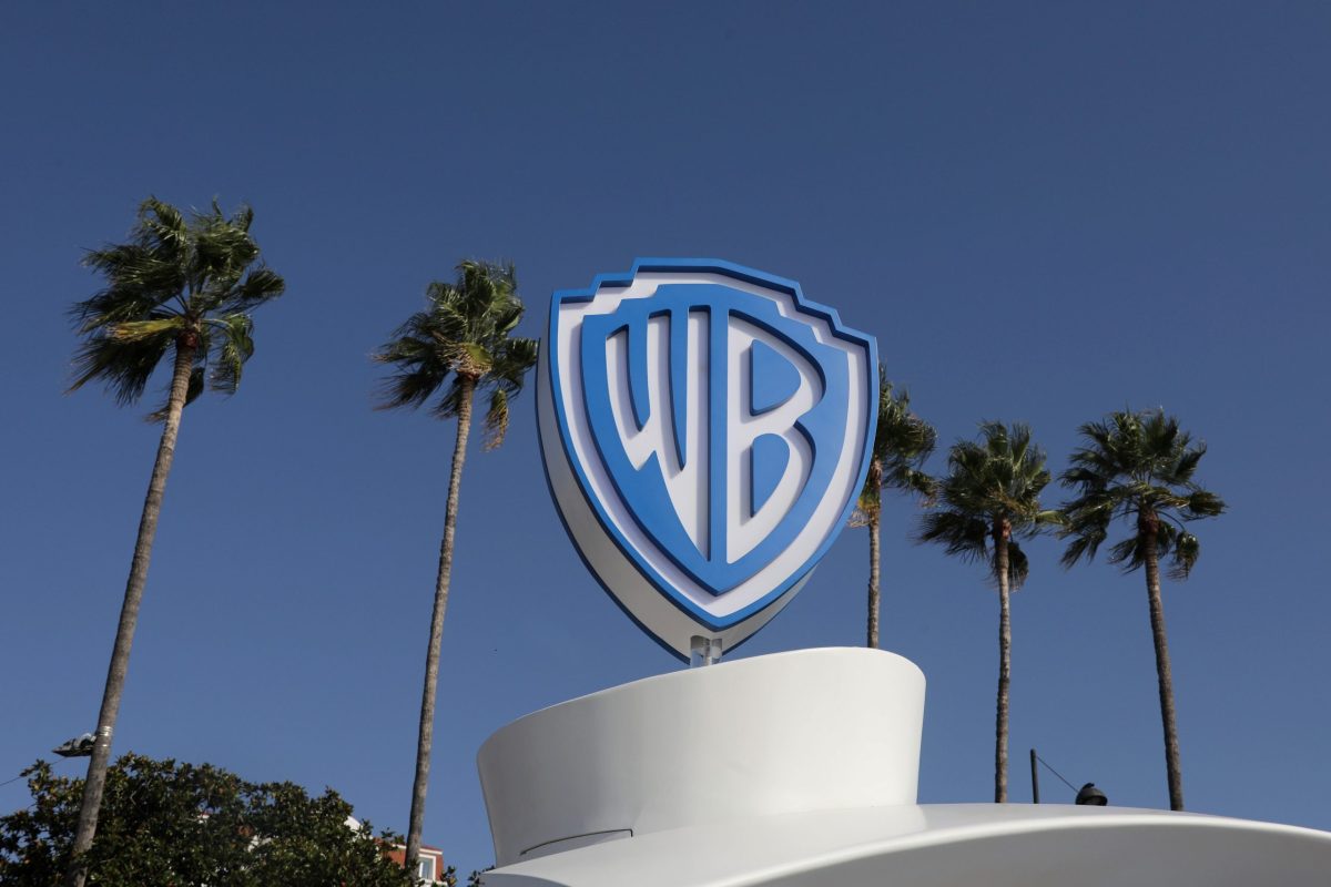 The Warner Bros logo is seen during the annual MIPCOM television programme market in Cannes