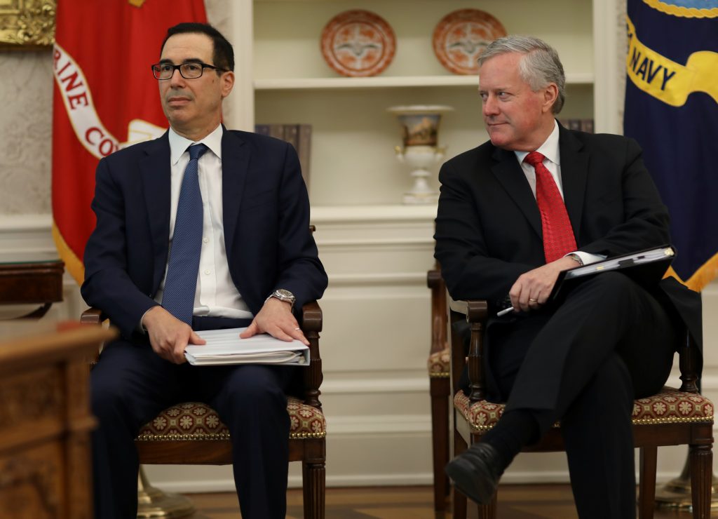 Treasury Secretary Mnuchin and White House Chief of Staff Meadows attend meeting to discuss coronavirus aid legislation at the White House in Washington