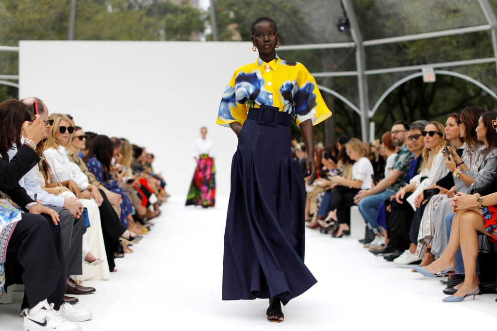 A model presents a creation at the Carolina Herrera Spring runway show during New York Fashion Week in New York