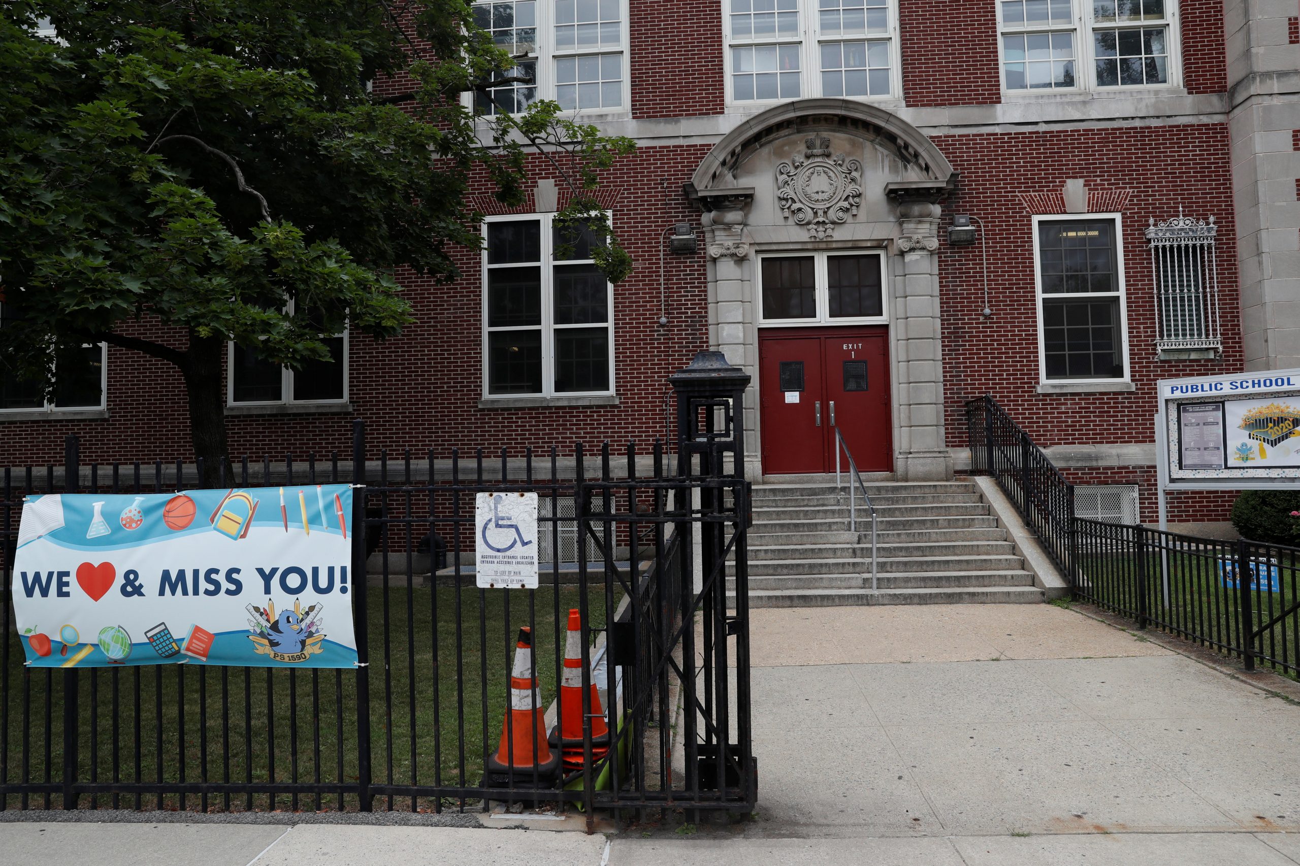 The entrance to Public School 159 is seen in the Queens borough of New York City